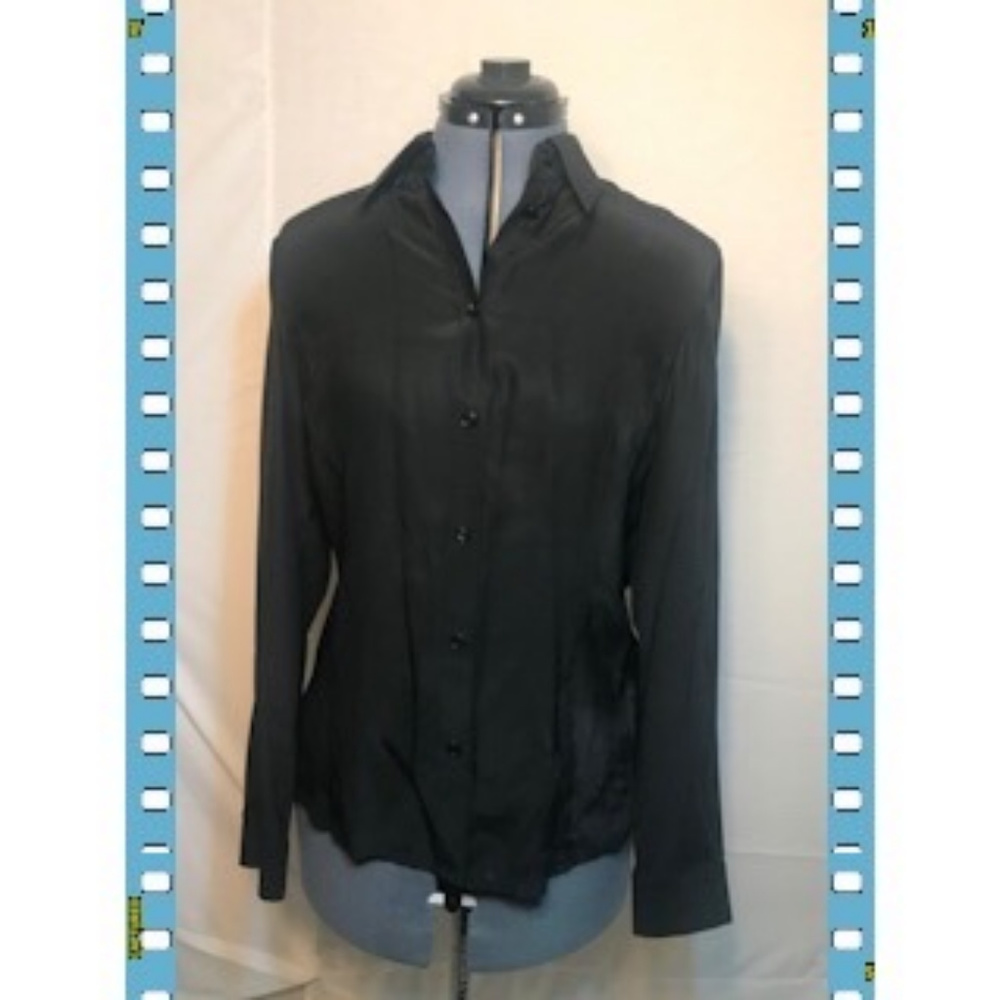 100% Silk Long Sleeve Button Down Black Shirt
